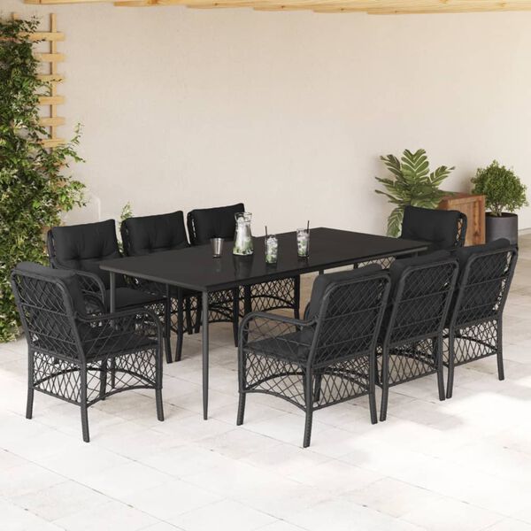 vidaXL 9-tlg. Garten-Essgruppe mit Kissen Schwarz Poly Rattan