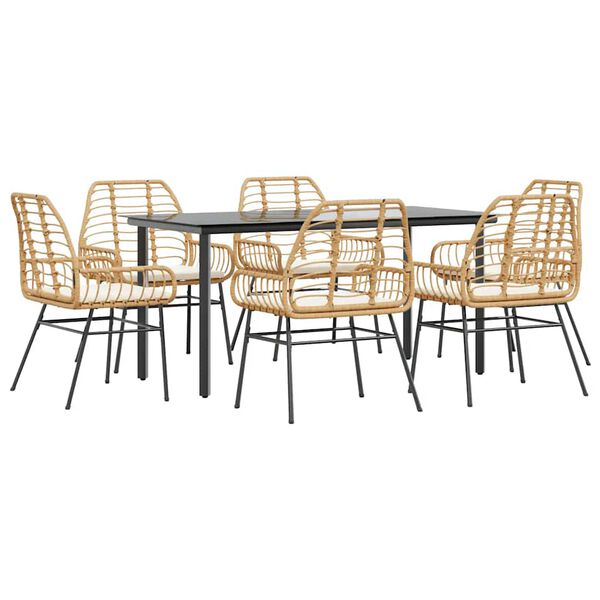 vidaXL 7-tlg. Garten-Essgruppe mit Kissen Braun Poly Rattan Glas