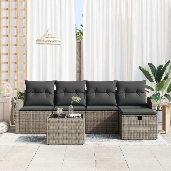 vidaXL Garten-Sofa-Set mit Kissen mit Speicher 6 pcs Grau Poly Rattan