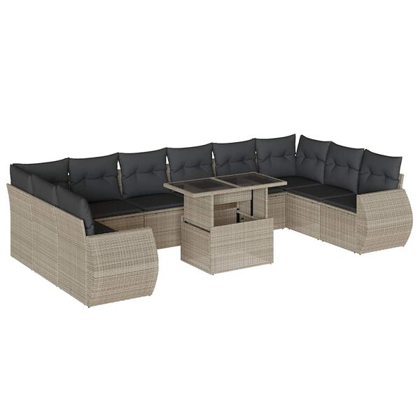 vidaXL 11-tlg. Garten-Sofagarnitur mit Kissen Hellgrau Poly Rattan