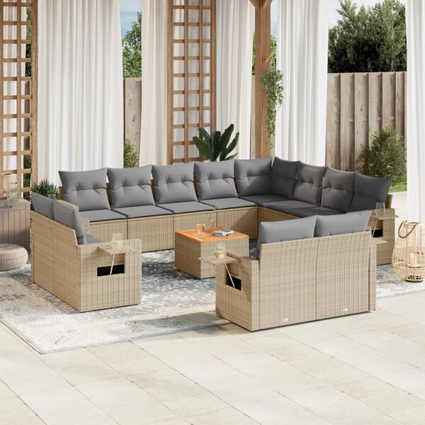 vidaXL 13-tlg. Garten-Sofagarnitur mit Kissen Beige Poly Rattan