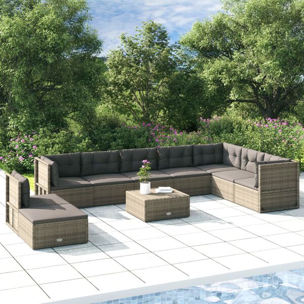 vidaXL 9-tlg. Garten-Lounge-Set mit Kissen Grau Poly Rattan