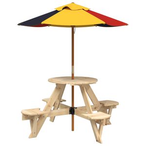 vidaXL Picknicktisch f&uuml;r 4 Kinder mit Sonnenschirm Rund Tannenholz