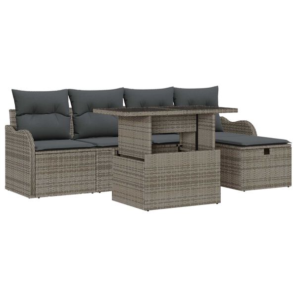 vidaXL Garten-Sofa-Set mit Kissen mit Speicher 6 pcs Grau Poly Rattan