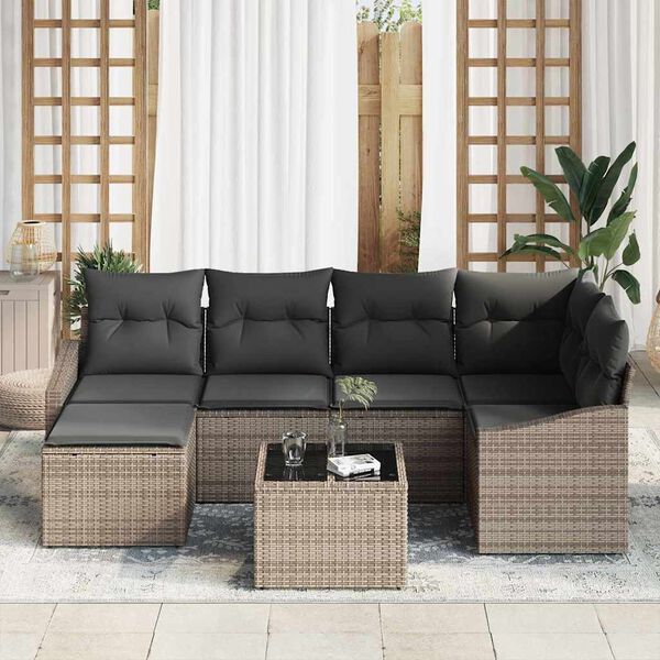 vidaXL Sofa Set mit Kissen 7 pcs Grau Poly Rattan