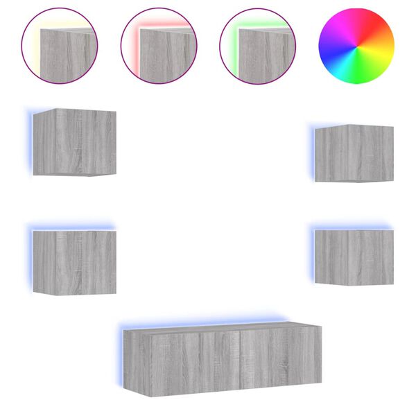 vidaXL 5-tlg. TV-Wohnwand mit LED-Leuchten Grau Sonoma