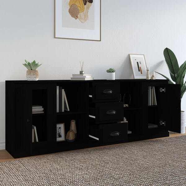vidaXL Sideboards 3 Stk. Schwarz Holzwerkstoff