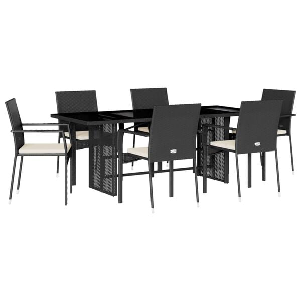 vidaXL 7-tlg. Garten-Essgruppe mit Kissen Schwarz Poly Rattan