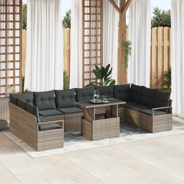 vidaXL Garten-Sofa-Set mit Kissen 11 pcs Grau Poly-Rattan