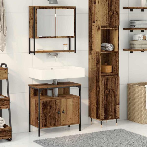vidaXL Badezimmerm&ouml;bel-Set mit Regal mit T&uuml;r 2 pcs Braun Holzwerkstoff