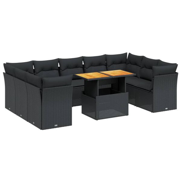 vidaXL 10-tlg. Garten-Sofagarnitur mit Kissen Schwarz Poly Rattan