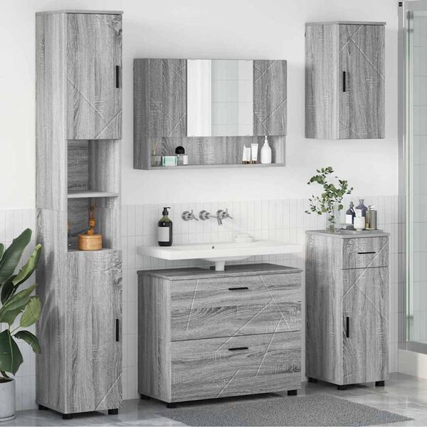 vidaXL Badezimmermöbel Set mit Tür 5 pcs Grau Sonoma 30 x 35 x 192 cm