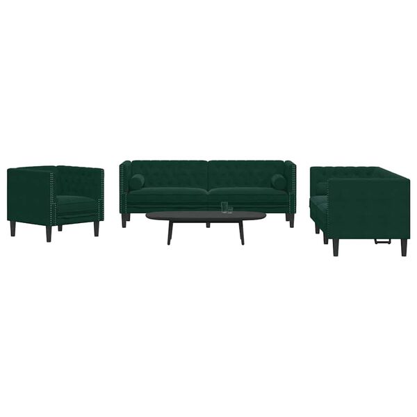 vidaXL 3-tlg. Chesterfield-Sofa-Set mit Nackenrollen Dunkelgrün Samt