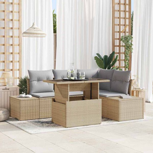 vidaXL Gartensofa-set mit Kissen mit Speicher 5 pcs Beige Poly-Rattan