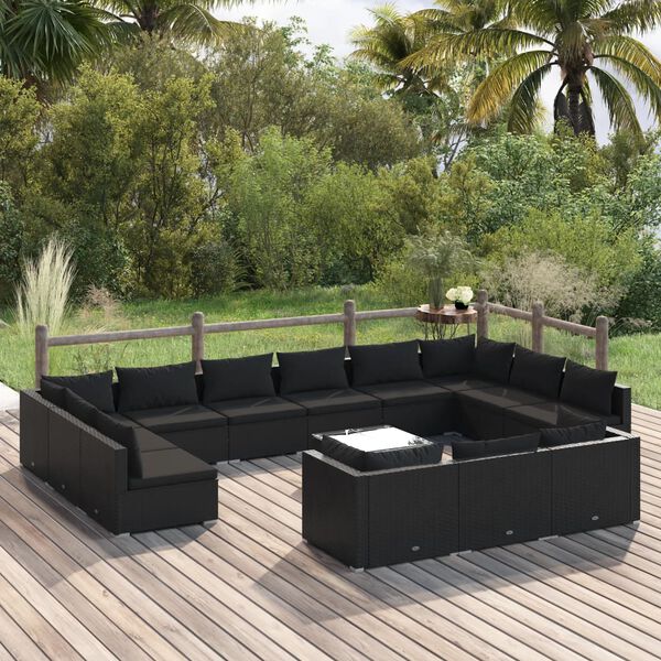 vidaXL 14-tlg. Garten-Lounge-Set mit Kissen Schwarz Poly Rattan