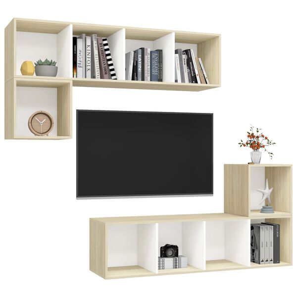 vidaXL 4-tlg. TV-Schrank-Set Wei&szlig; Sonoma-Eiche Holzwerkstoff