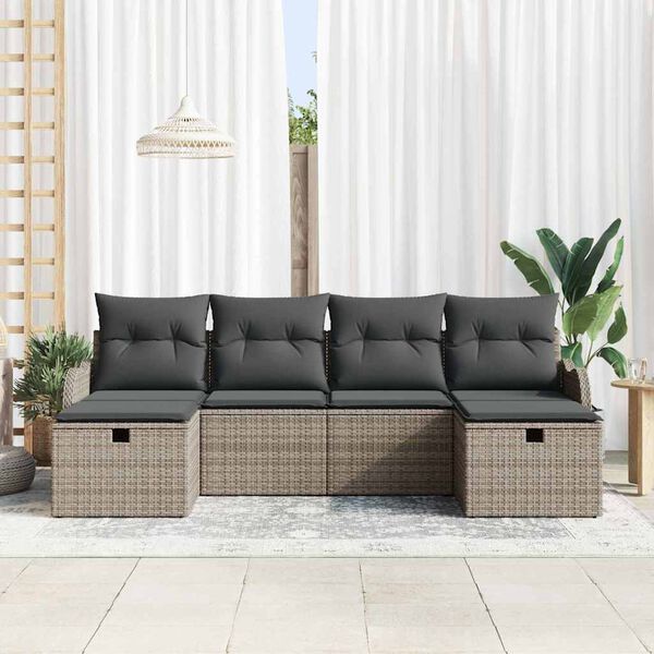vidaXL Garten-Sofa-Set mit Kissen mit Speicher 6 pcs Grau Poly Rattan