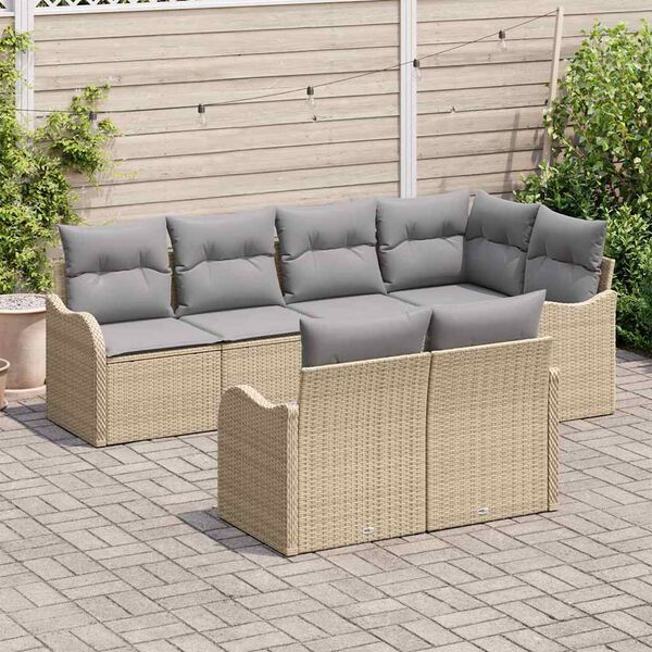 vidaXL Garten-Sofa-Set mit Kissen mit Speicher 7 pcs Beige Poly Rattan