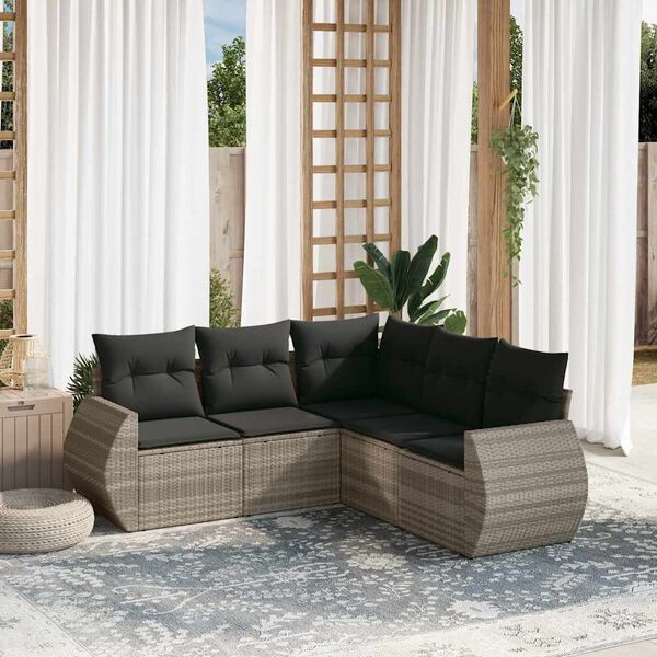 vidaXL 5-tlg. Garten-Sofagarnitur mit Kissen Hellgrau Poly Rattan