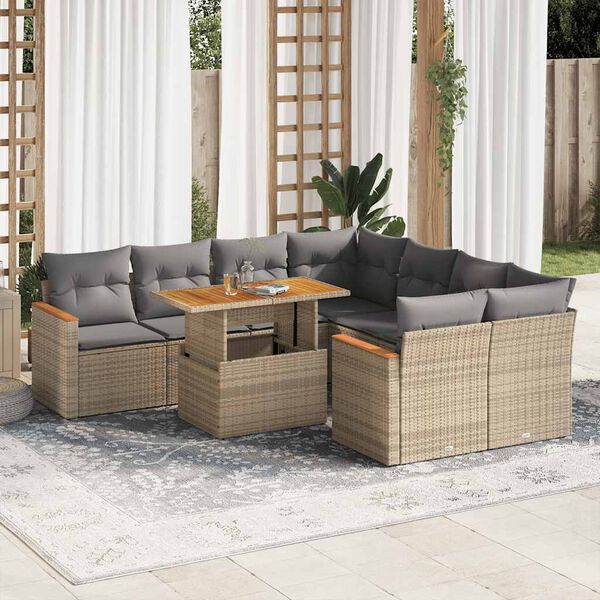 vidaXL 9-tlg. Garten-Sofagarnitur mit Kissen Beige Poly Rattan Akazie