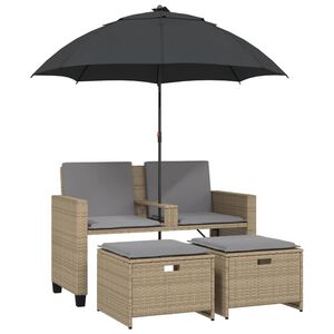 vidaXL Gartensofa 2-Sitzer Sonnenschirm und Hocker Beige Poly-Rattan