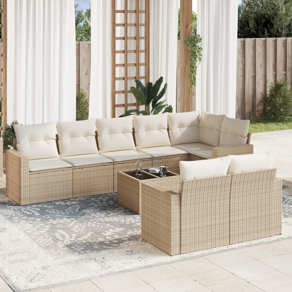 vidaXL 9-tlg. Garten-Sofagarnitur mit Kissen Beige Poly Rattan