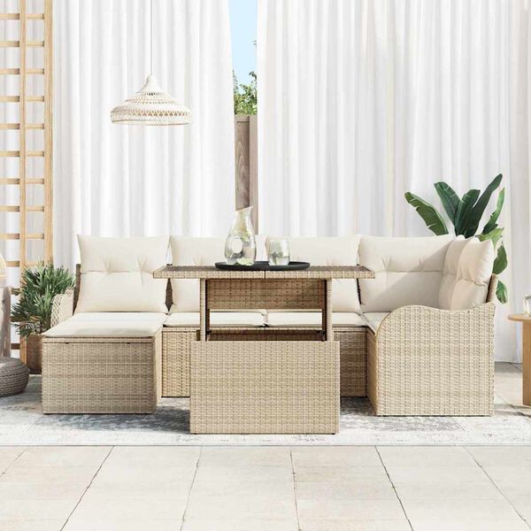 vidaXL Garten-Sofa-Set mit Kissen 7 pcs Beige Poly Rattan