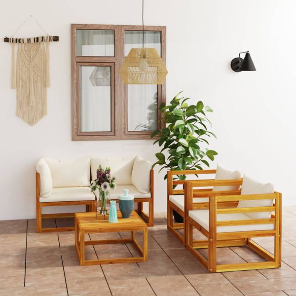 vidaXL 5-tlg. Garten-Lounge-Set mit Auflagen Creme Massivholz Akazie