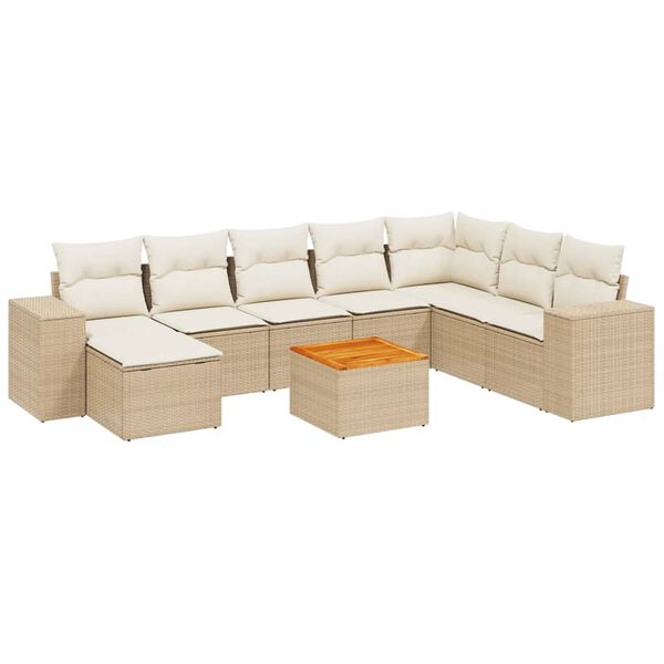 vidaXL 9-tlg. Garten-Sofagarnitur mit Kissen Beige Poly Rattan