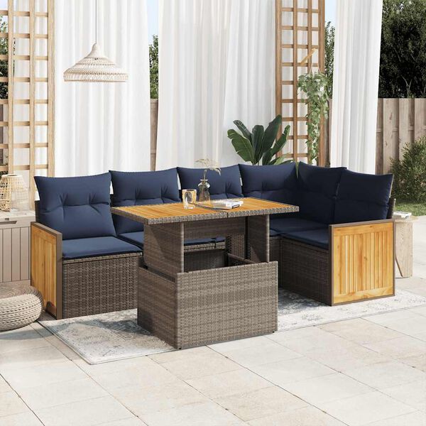 vidaXL 6-tlg. Garten-Sofagarnitur mit Kissen Grau Poly Rattan Akazie