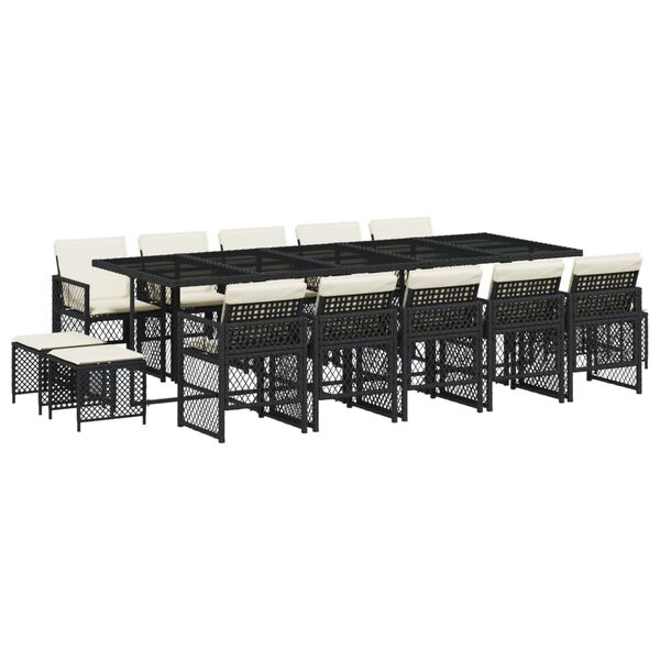 vidaXL 15-tlg. Garten-Essgruppe mit Kissen Schwarz Poly Rattan
