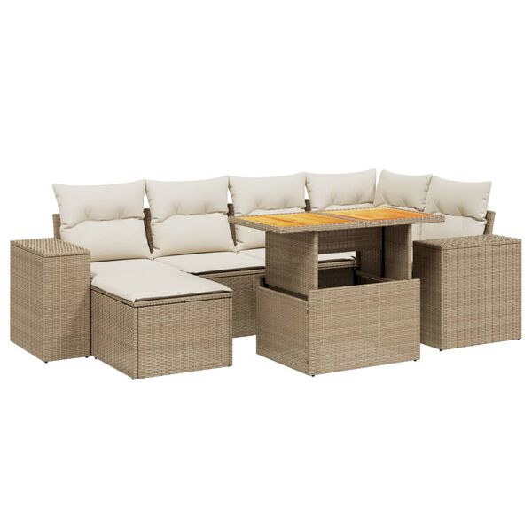 vidaXL 7-tlg. Garten-Sofagarnitur mit Kissen Beige Poly Rattan