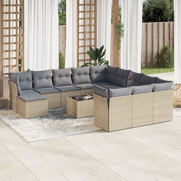 vidaXL 13-tlg. Garten-Sofagarnitur mit Kissen Beige Poly Rattan
