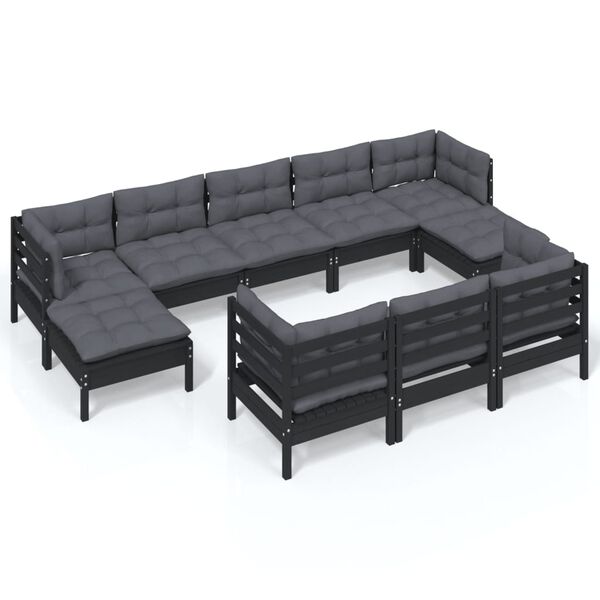 vidaXL 10-tlg. Garten-Lounge-Set mit Kissen Schwarz Kiefer Massivholz
