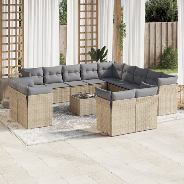 vidaXL 14-tlg. Garten-Sofagarnitur mit Kissen Beige Poly Rattan