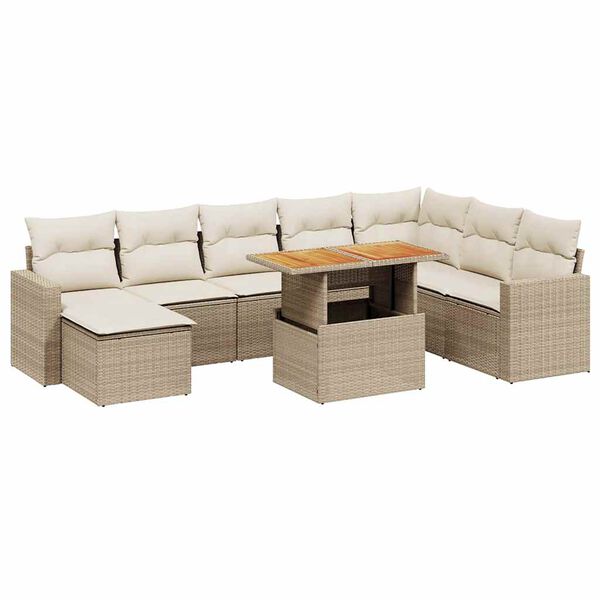 vidaXL 9-tlg. Garten-Sofagarnitur mit Kissen Beige Poly Rattan