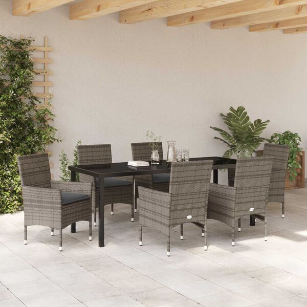 vidaXL Garten Essgruppe mit Kissen 7 pcs Grau Poly-Rattan