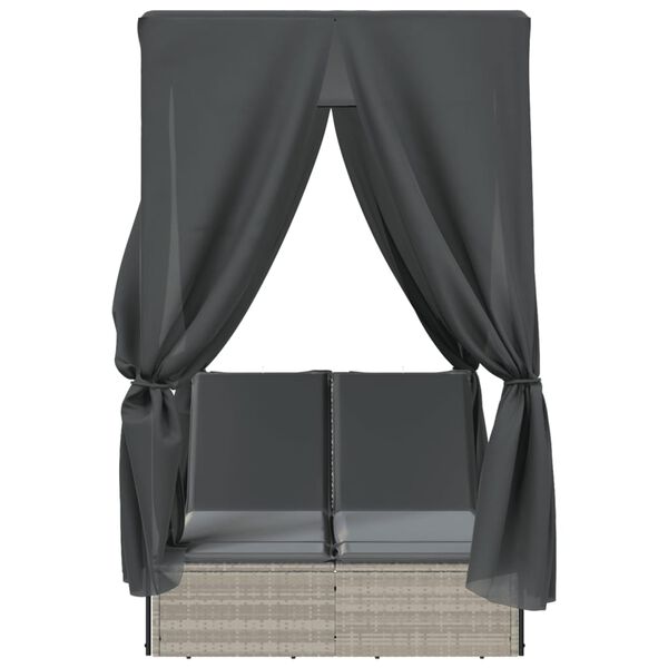 vidaXL Doppel-Sonnenliege mit Dach und Vorh&auml;ngen Hellgrau Poly Rattan