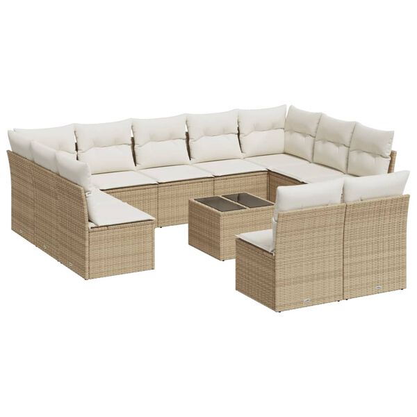 vidaXL 12-tlg. Garten-Sofagarnitur mit Kissen Beige Poly Rattan