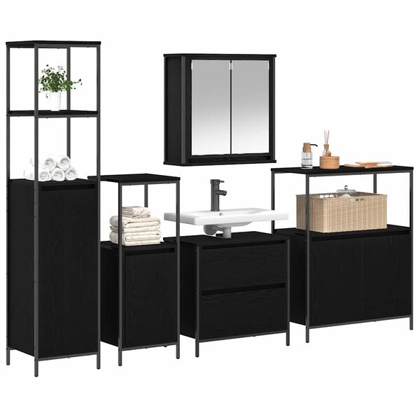vidaXL Badezimmerm&ouml;bel Set mit Regal 5 pcs Schwarz 76,5 x 35 x 95 cm