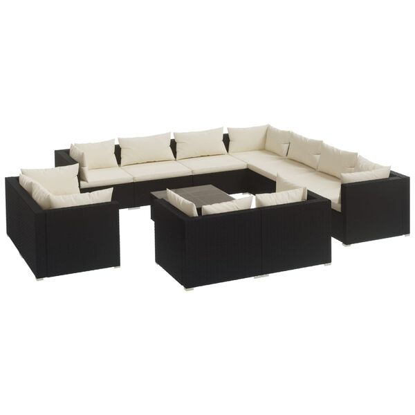 vidaXL 12-tlg. Garten-Lounge-Set mit Kissen Schwarz Poly Rattan