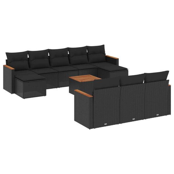 vidaXL 11-tlg. Garten-Sofagarnitur mit Kissen Schwarz Poly Rattan