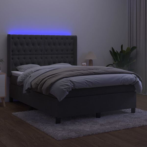 vidaXL Boxspringbett mit Matratze & LED Dunkelgrau 140x200 cm Samt