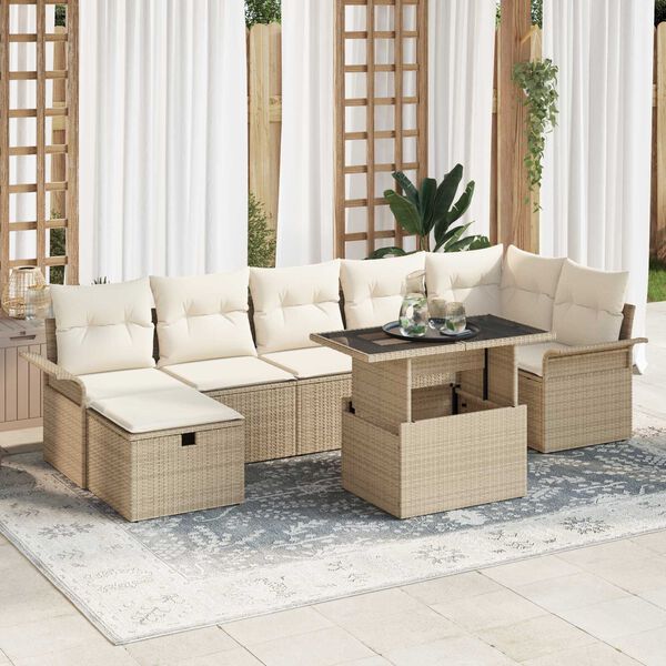 vidaXL Garten-Sofa-Set mit Kissen mit Speicher 8 pcs Beige Poly Rattan