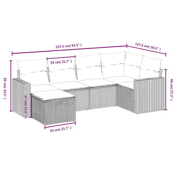 vidaXL 6-tlg. Garten-Sofagarnitur mit Kissen Schwarz Poly Rattan
