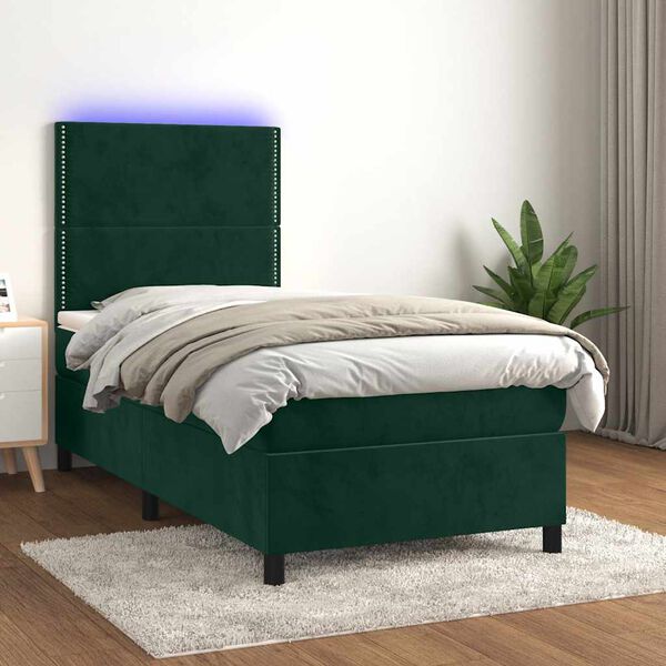 vidaXL Boxspringbett mit Matratze & LED Dunkelgr&uuml;n 90x200 cm Samt