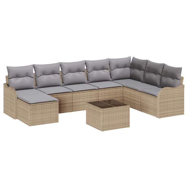 vidaXL Garten-Sofa-Set mit Kissen 9 pcs Beige und Hellgrau Poly Rattan