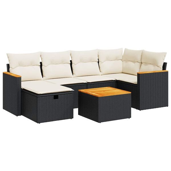 vidaXL 7-tlg. Garten-Sofagarnitur mit Kissen Schwarz Poly Rattan