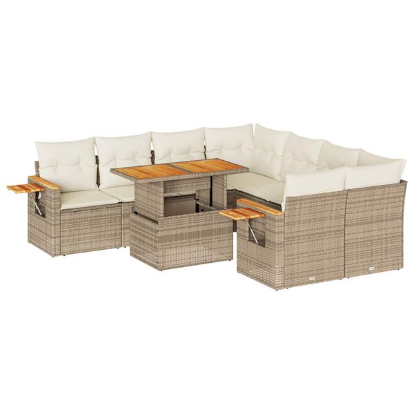 vidaXL 9-tlg. Garten-Sofagarnitur mit Kissen Beige Poly Rattan Akazie