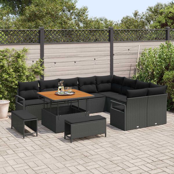 vidaXL Garten-Sofa-Set mit Kissen mit Speicher 12 pcs Schwarz